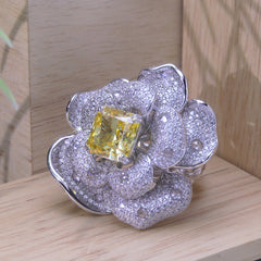 Square Yellow Zircon Luxury Flower Ring