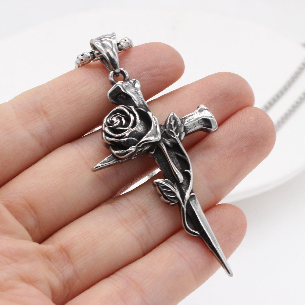 Rose Cross Sword Titanium Steel Pendant for Men