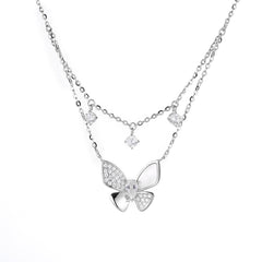 (Two Colours) White Zircon Butterfly Pendants Silver Two-ply Collarbone Necklace for Women