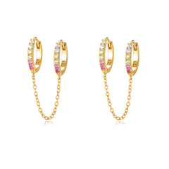 Zircon Double Ear Hole Round Buckle Silver Chain Earring for Women