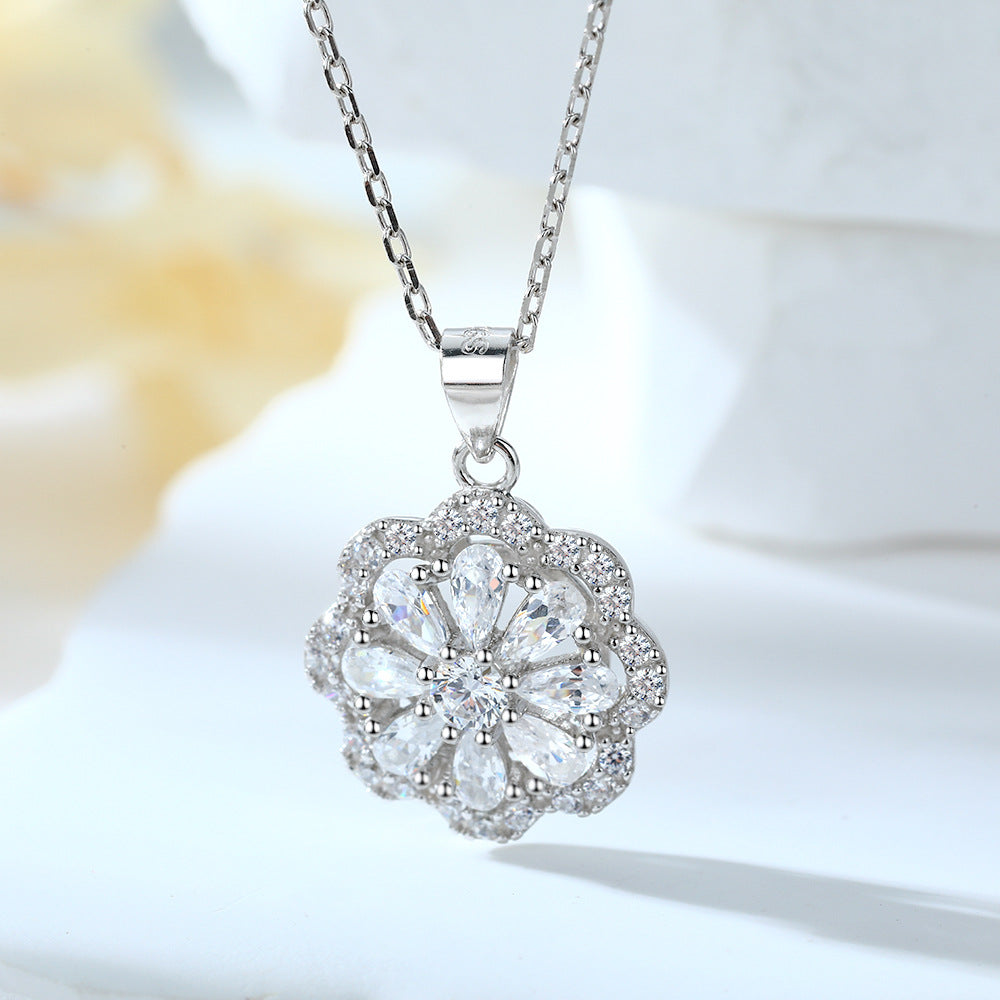 Pear Drop Zircon Flower Pendant Silver Necklace for Women