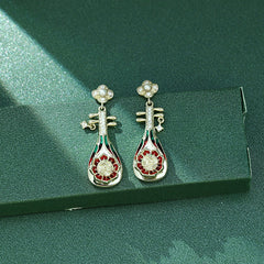 Pipa with Zircon and Pearl Enamel Silver Drop Earrings