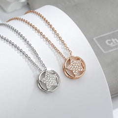 Zircon Star Circle Pendant Silver Necklace for Women