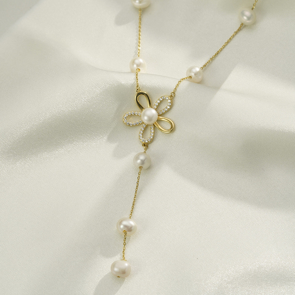 (Two Colours) White Zircon Flower with Natural Pearl Beading Tassles Necklace for Women