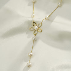 (Two Colours) White Zircon Flower with Natural Pearl Beading Tassles Necklace for Women