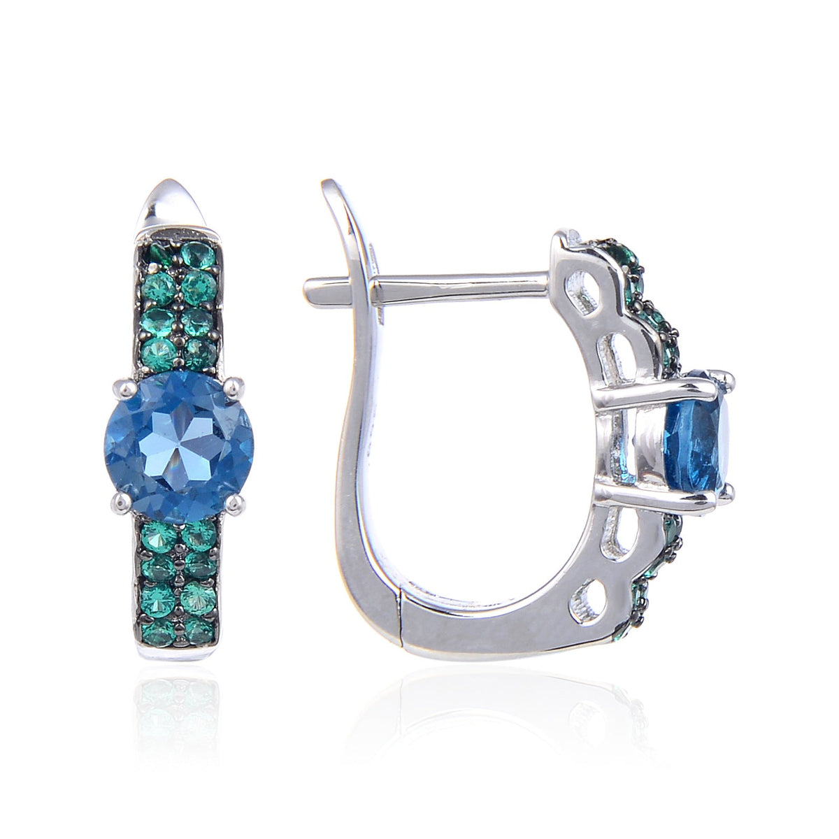 Round Cut Natural Gemstone Silver Hoop Earrings