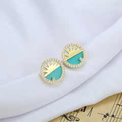 Natural Turquoise with Zircon Sunrise Circle Silver Studs Earrings for Women