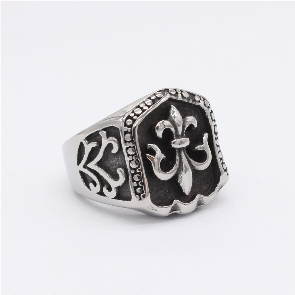 Childern Flower Pentagonal Shield Titanium Steel Ring for Men