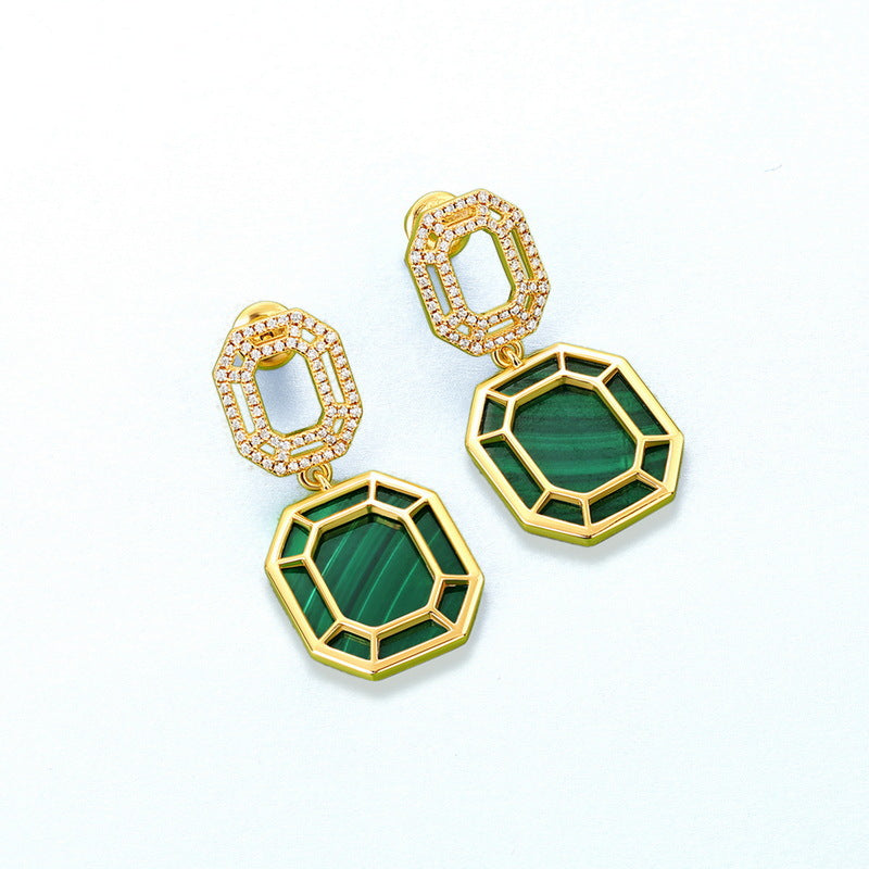 Octagon Shape Malachite Pendant Zircon Sterling Silver Drop Earrings