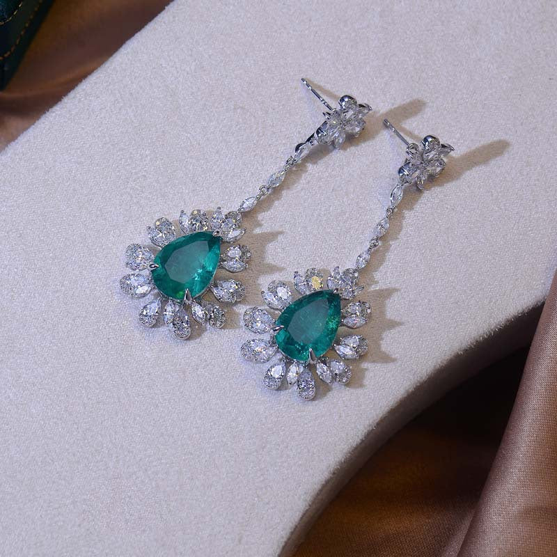 Lab-Created Emerald 10*14mm Water Drop Ice Cut Annular Petals Silver Drop Earrings for Women