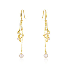 Irregular Spiral Tassel with Pearl Silver Drop Earrings for Women