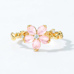 Pear Shape Pink Crystal Luxury Small Floral Opening Silver Ring