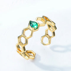 Pear Shape Green Zircon Honeycomb Opening Sterling Silver Ring