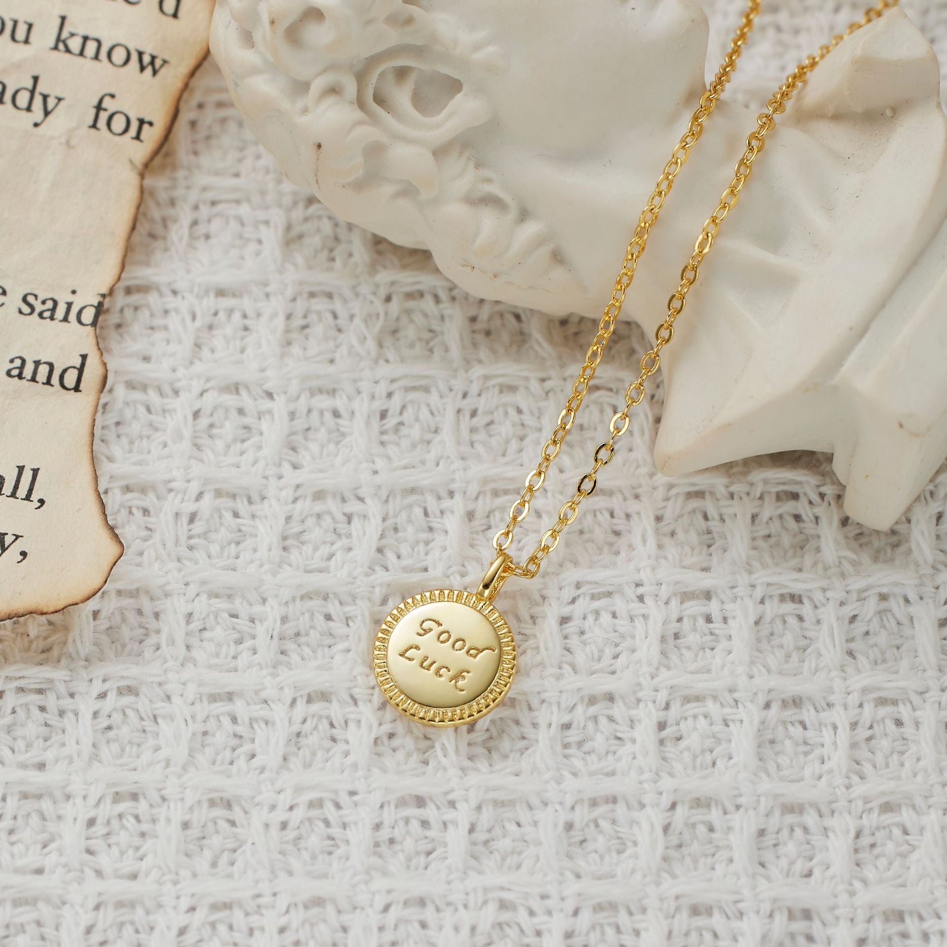 Good Luck Letter Round Coin Pendant Silver Necklace for Women