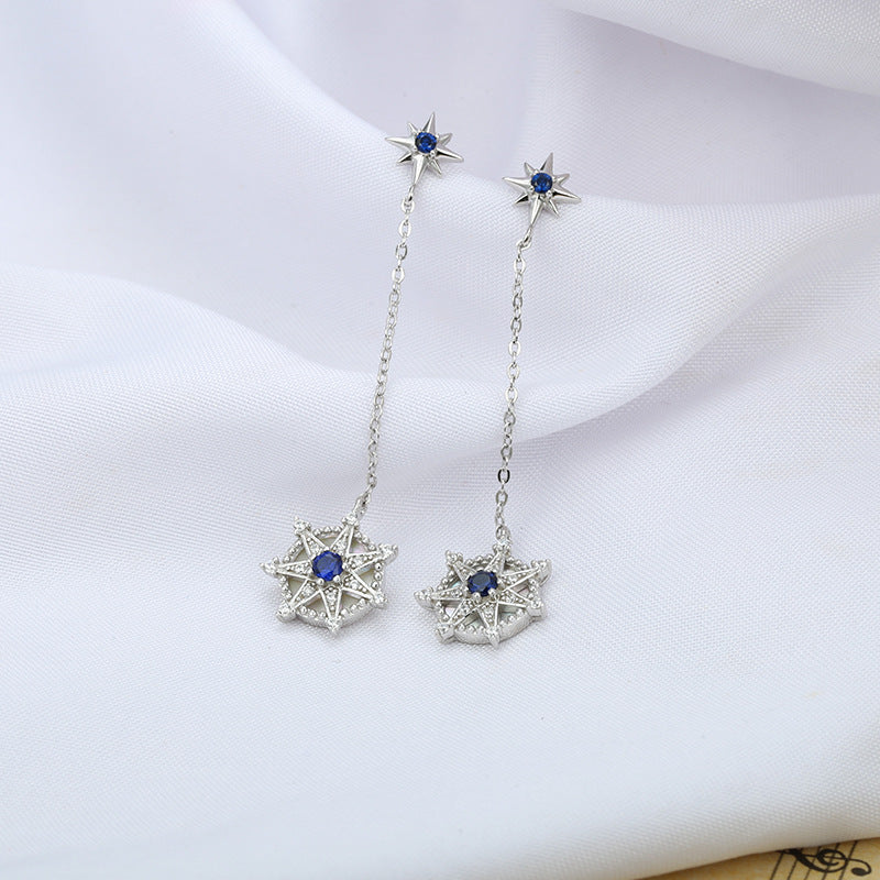 Blue Zircon Seven-pointed Star Tassel Silver Drop Earrings for Women