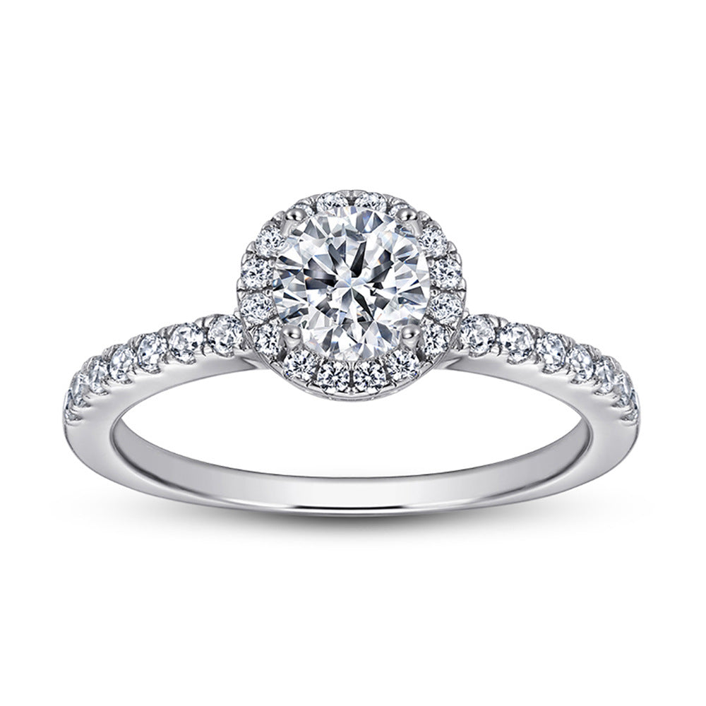 Round Zircon Soleste Halo with Circle Silver Ring Set
