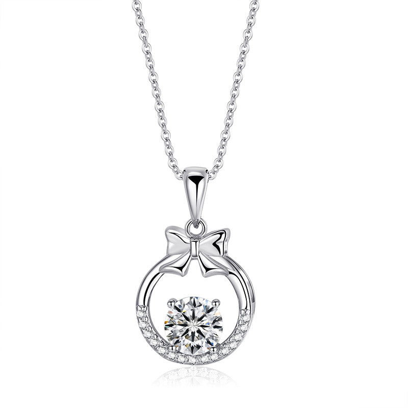 Round Zircon Hollow Circle with Bow Pendant Silver Necklace for Women