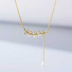 White Zircon Leaf Tassel Sterling Silver Collarbone Necklace for Women