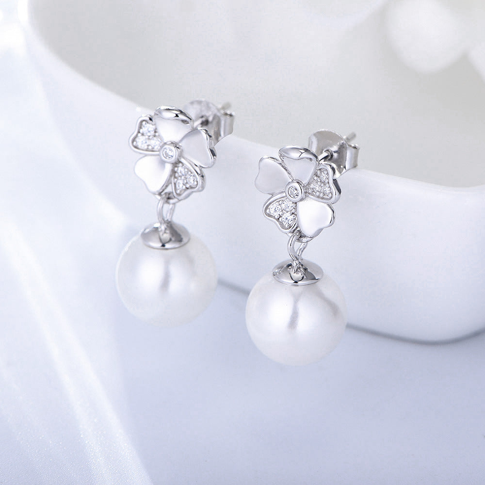 Ball Pearl with Zircon Flower Silver Drop Earrings for Women