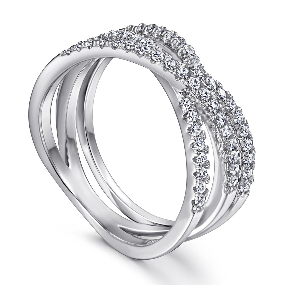 X-shape and V-shaped Zircon Half Eternity Silver Ring Set