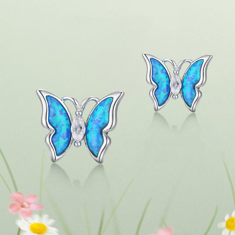 Blue Opal Stone with Marquise Zircon Butterfly Silver Studs Earrings for Women