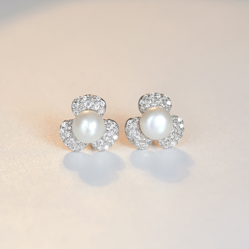 Zircon Clover Freshwater Pearl Silver Stud Earrings for Women