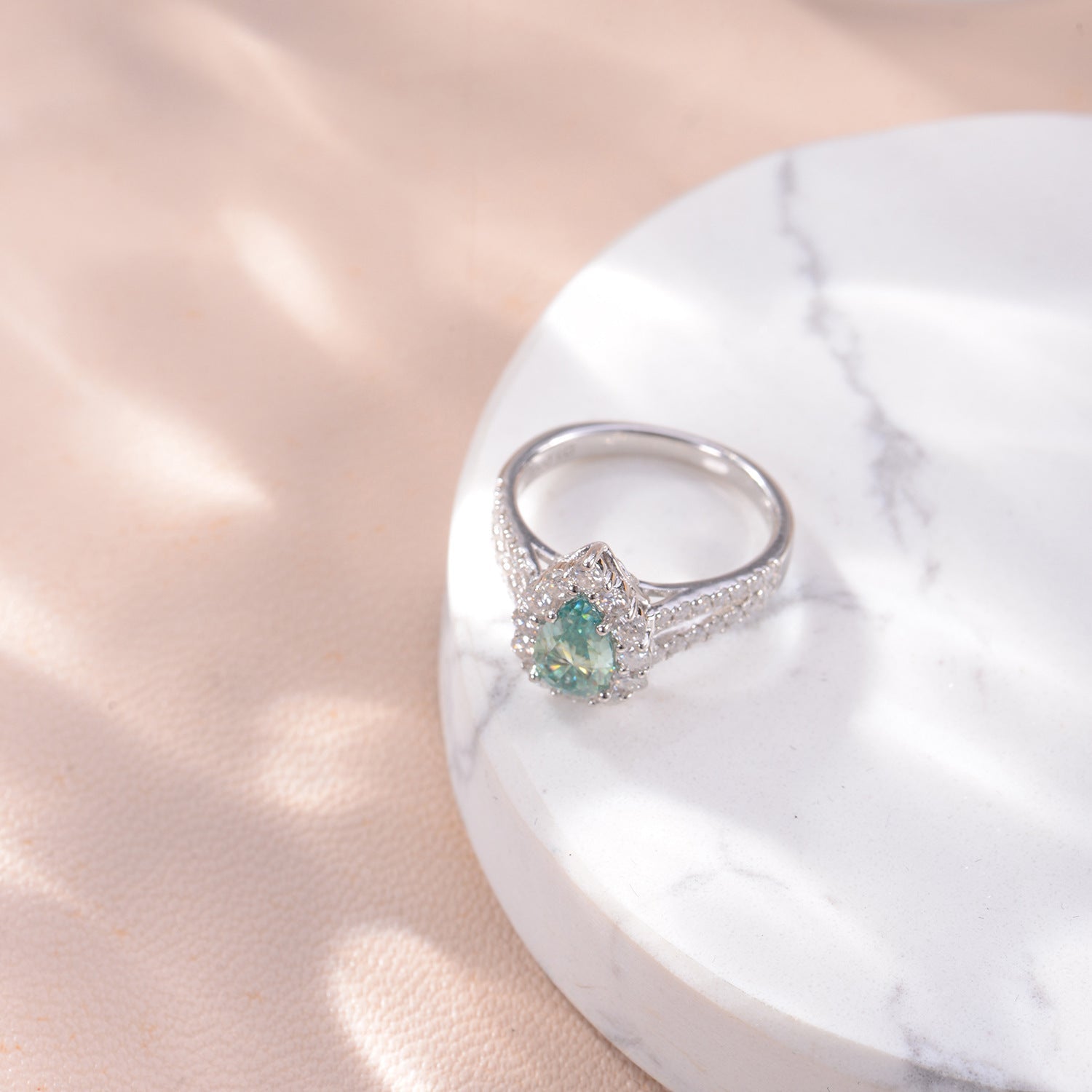 Soleste Halo 1.0 Carat Pear Shape Green Moissanite Silver Ring