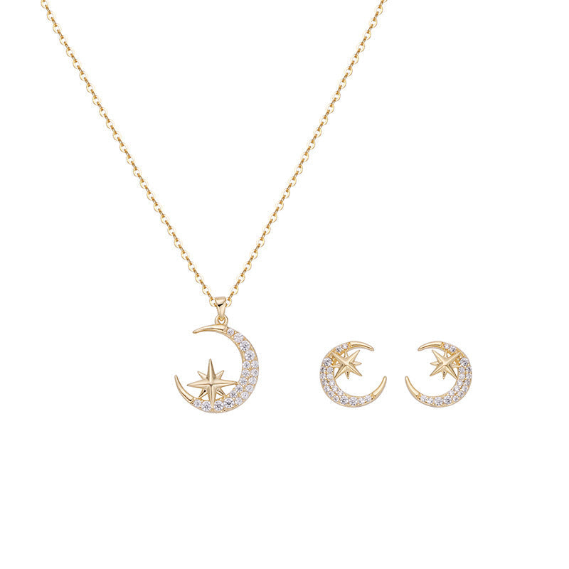 Zircon Crescent Moon Star Silver Necklace Earrings Set