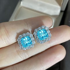 Halo Princess Cut Blue Zircon Studs