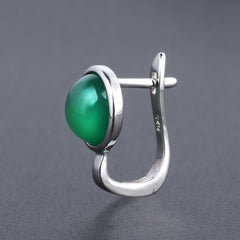 European Natural Green Agate Solitaire Round Cut Sterling Silver Studs Earrings for Women