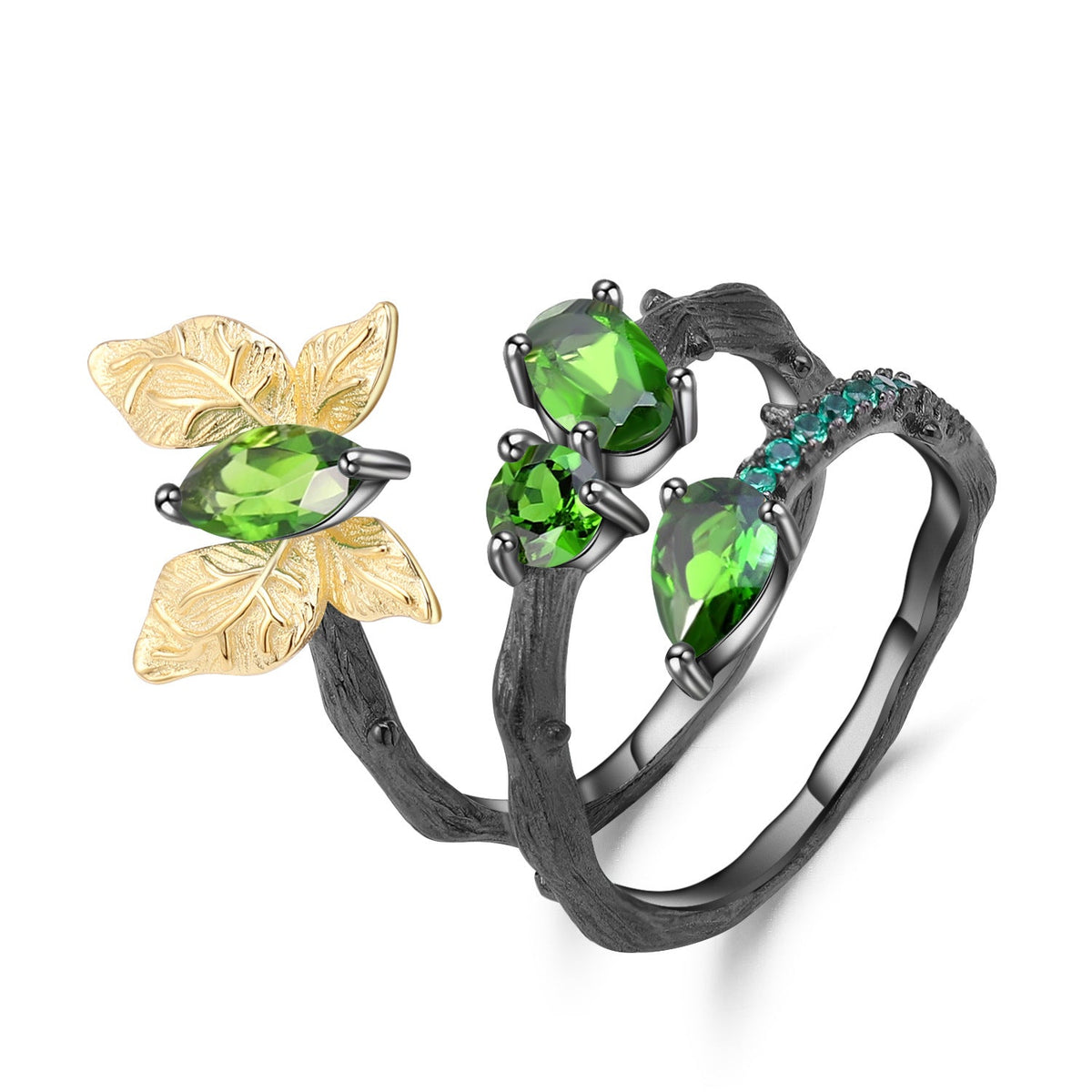 Black Secret Garden Butterfly 925 Sterling Silver Natural Diopside Ring for Women