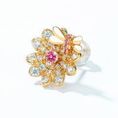 Pink and White Zircon Dragonfly Flower Asymmetric Sterling Silver Stud Earrings
