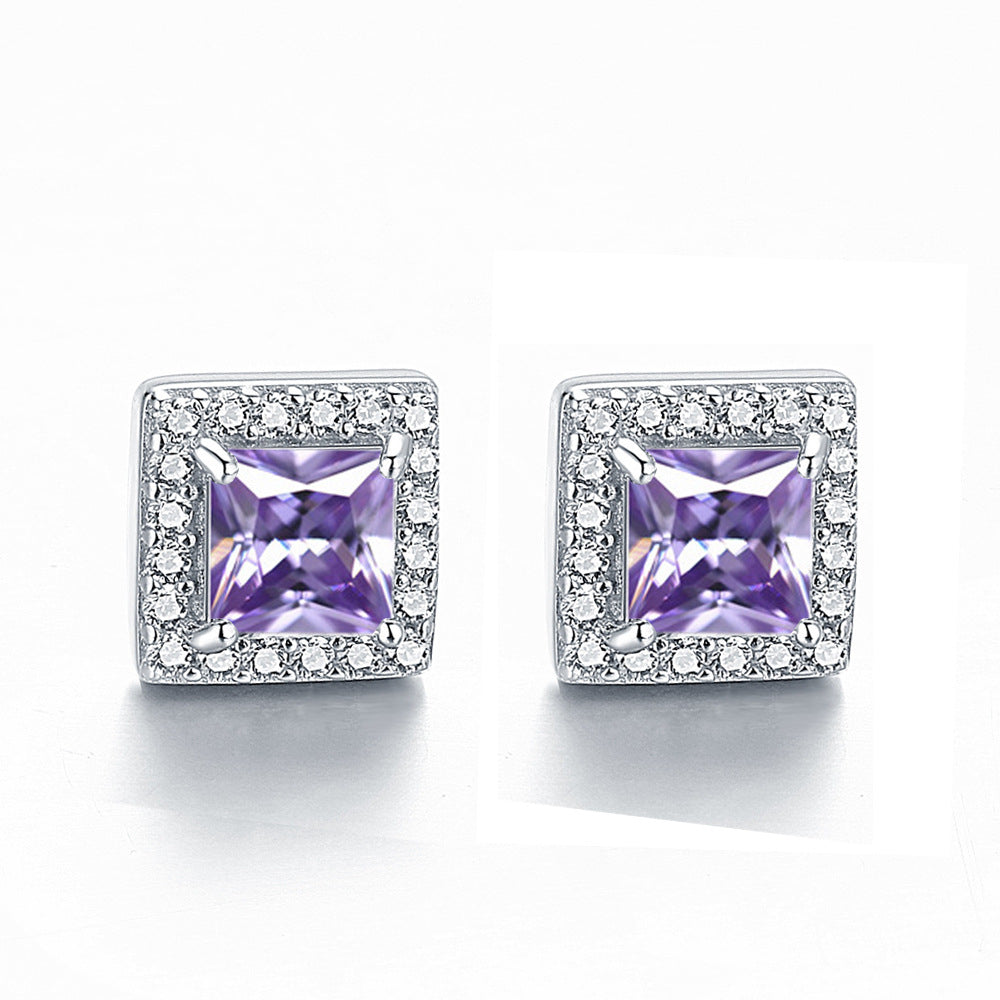 Square Zircon Soleste Halo Silver Studs Earrings for Women