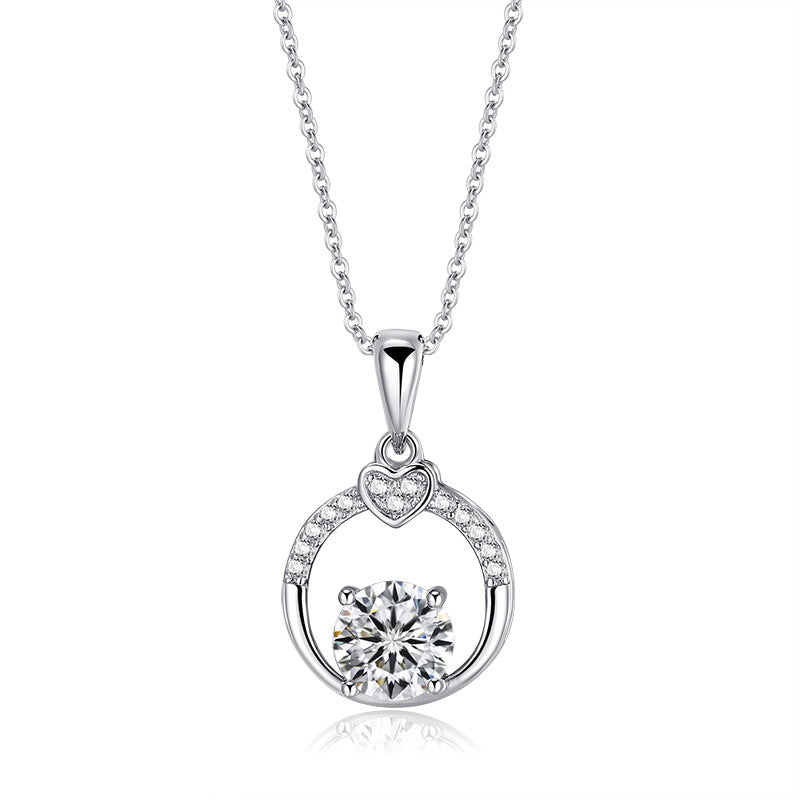 Round Zircon Hollow Circle with Small Heart Pendant Silver Necklace for Women