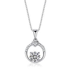 Round Zircon Hollow Circle with Small Heart Pendant Silver Necklace for Women