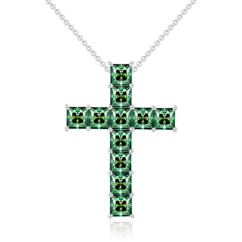 1.0 Carat Princess Cut Green Moissanite Cross Silver Necklace