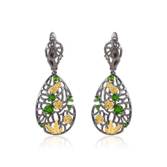 Vintage Elegant Style Inlaid Natural Colourful Gemstones Rose Garden Sterling Silver Drop Earrings for Women