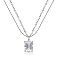 Rectangle Zircon with Wavy Halo Double Layers Sterling Silver Necklace