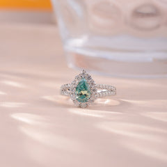 Soleste Halo 1.0 Carat Pear Shape Green Moissanite Silver Ring
