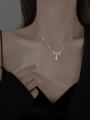 Teardrop Moonstone Pendant with Zircon Silver Necklace Women