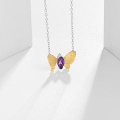 Gold Colour Simple Design Natural Gemstone Butterfly Pendant Silver Necklace for Women