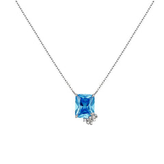 Rectangle Blue Zircon with Flower Pendant Silver Necklace for Women