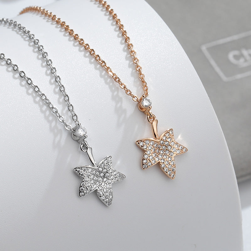 Zircon Maple Leaves Pendant Silver Necklace  for Women