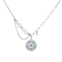 Mother-of-pearl and Zircon with Beading Pearl Circle Pendant Silver Necklace for Wome