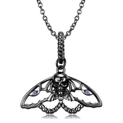 Halloween Black Skeleton Moth Pendant Silver Necklace