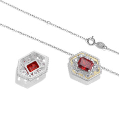 Sandblasted Geometric Hexagon Pendant Rectangle Red Zircon Silver Necklace