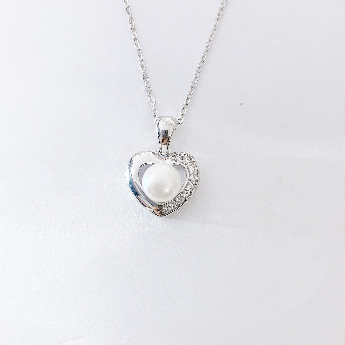 Half Zircon Hollow Heart with Natural Pearl Pendant Silver Necklace for Women