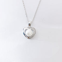 Half Zircon Hollow Heart with Natural Pearl Pendant Silver Necklace for Women