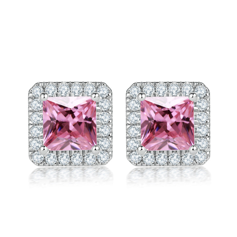 Princess Cut Zircon Soleste Halo Silver Studs Earrings for Women