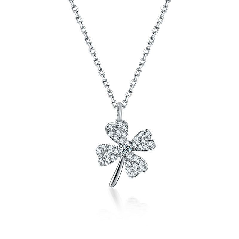 Full Zircon Lucky Clover Pendant Silver Necklace for Women